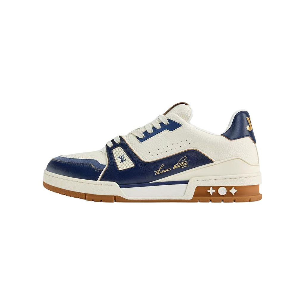 Louis Vuitton Trainer Distressed Grained Calf Leather Lace-Up Low-Top Sneakers in Blue & White – Unisex