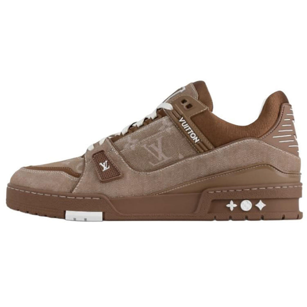 Louis Vuitton Trainer Denim Lace-Up Low-Top Sneakers in Brown with LV Logo Print – Unisex