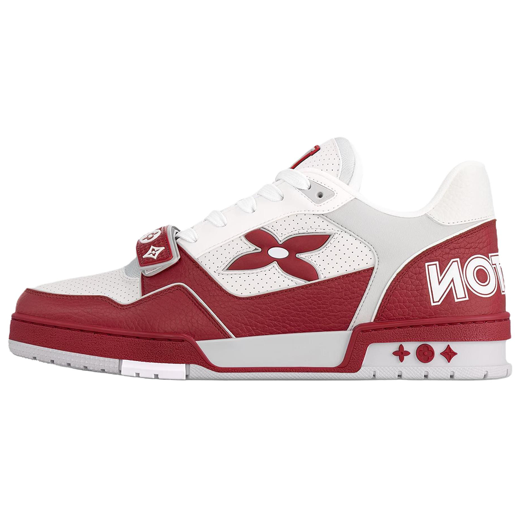 Louis Vuitton Leather Lace-Up Low-Top Sneakers in Red with Floral Pattern – Unisex