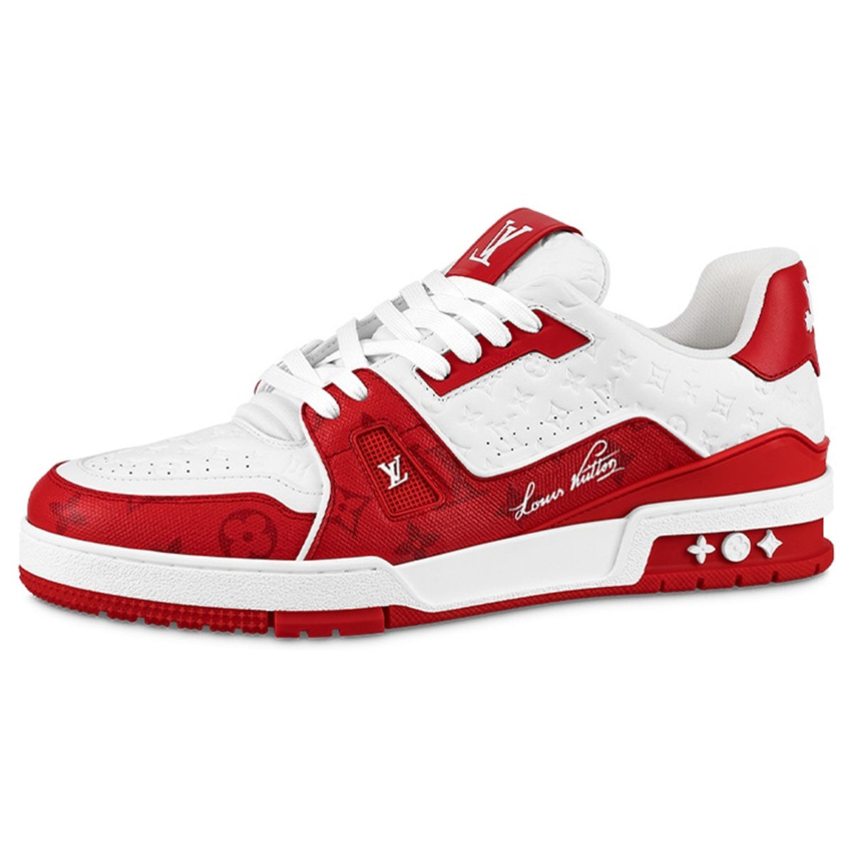 Louis Vuitton Trainer Lace-Up Low-Top Sneakers in White & Red with – Unisex