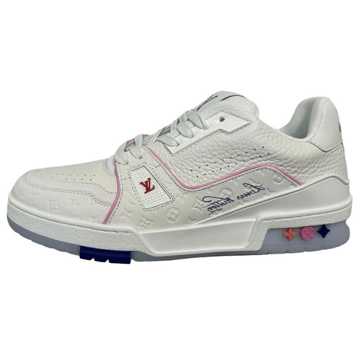 Louis Vuitton Trainer Calf Leather Lace-Up Flat-Sole Low-Top Sneakers in White & Pink – Unisex