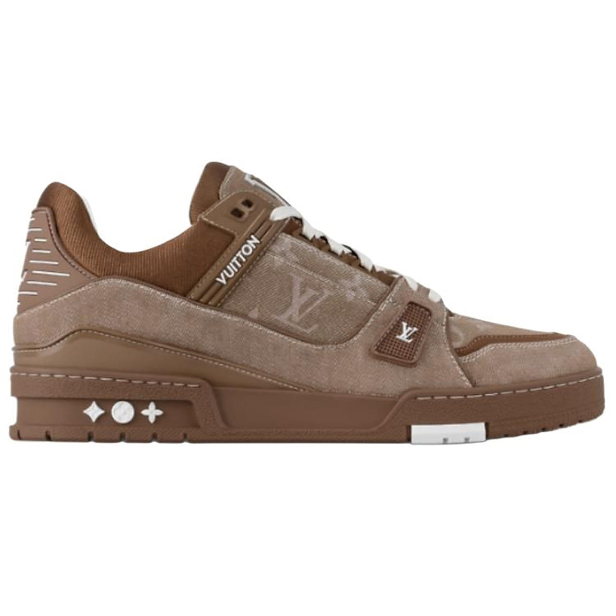 Louis Vuitton Trainer Denim Lace-Up Low-Top Sneakers in Brown with LV Logo Print – Unisex