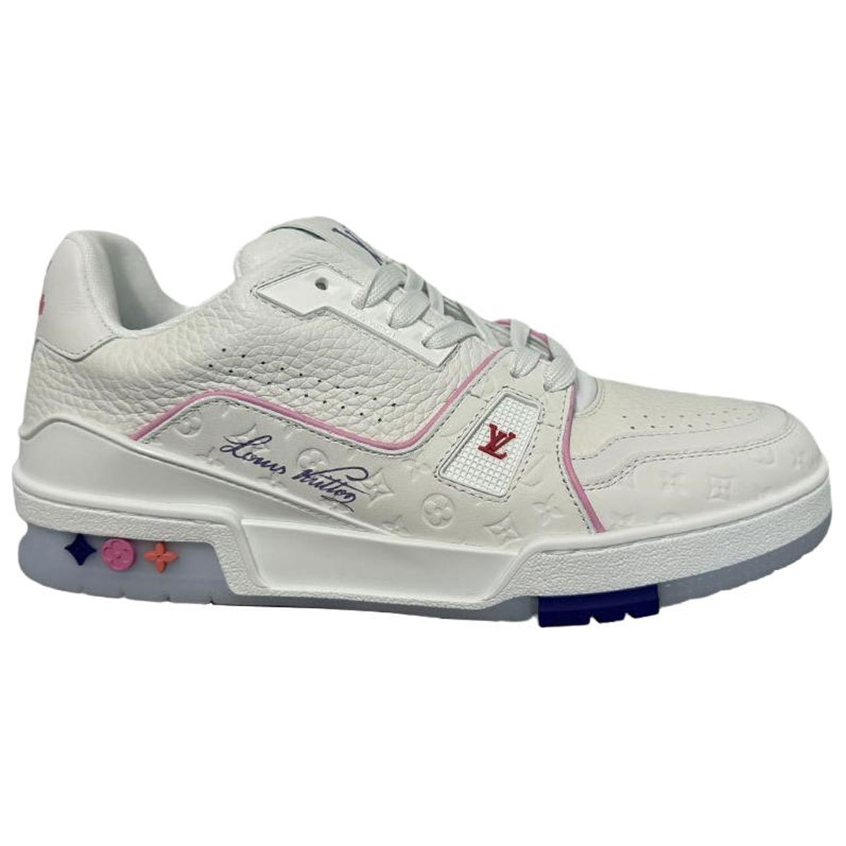 Louis Vuitton Trainer Calf Leather Lace-Up Flat-Sole Low-Top Sneakers in White & Pink – Unisex