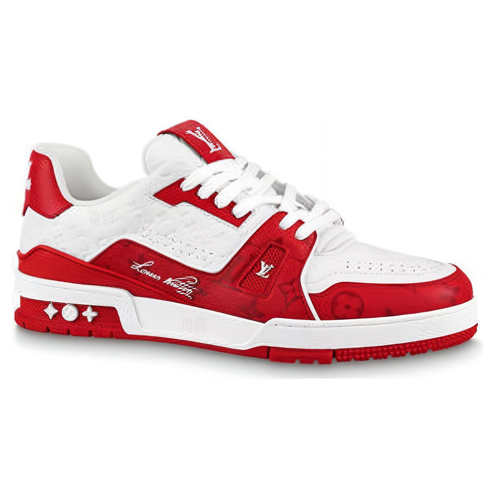 Louis Vuitton Trainer Lace-Up Low-Top Sneakers in White & Red with – Unisex
