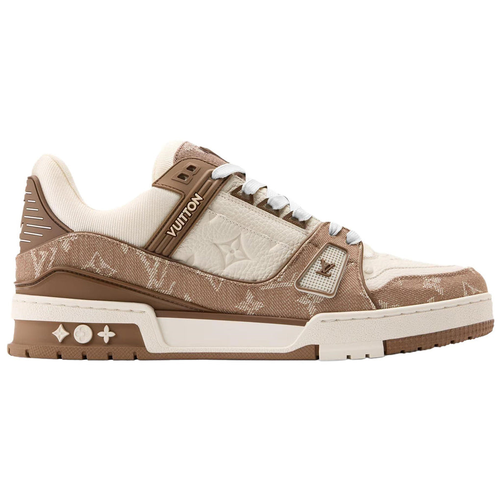 Louis Vuitton Trainer Denim Lace-Up Flat-Sole Low-Top Sneakers in Beige & Brown – Unisex