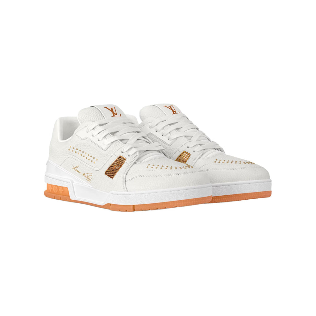 Louis Vuitton Trainer Grained Calf Leather Low-Top Sneakers in White & Orange – Unisex