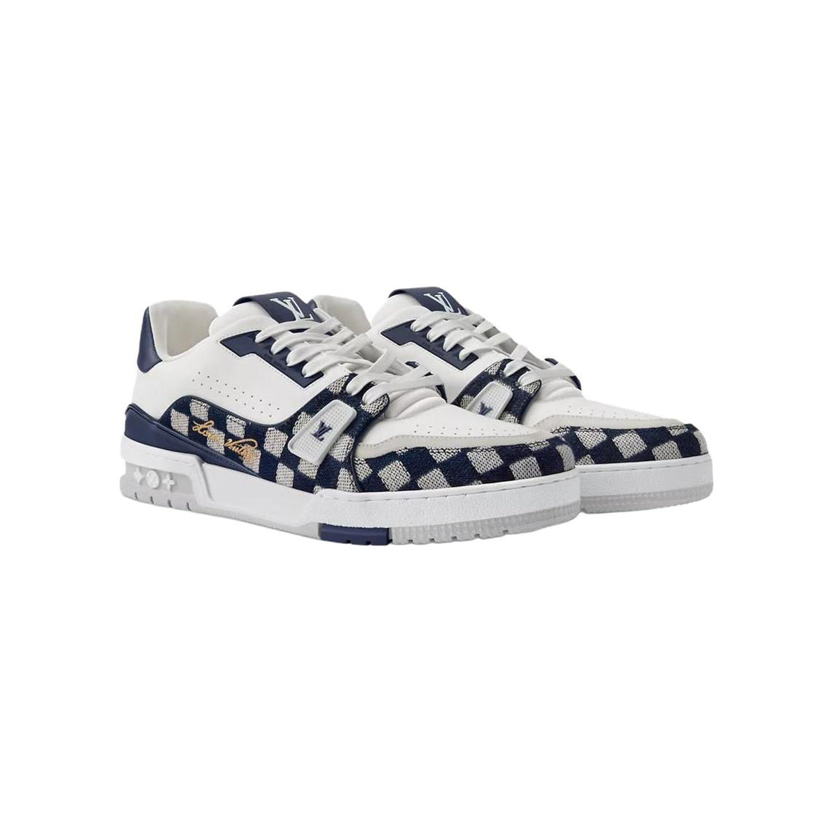 NIGO x Louis Vuitton Trainer FW26 Denim & Leather Low-Top Sneakers in White & Blue – Unisex