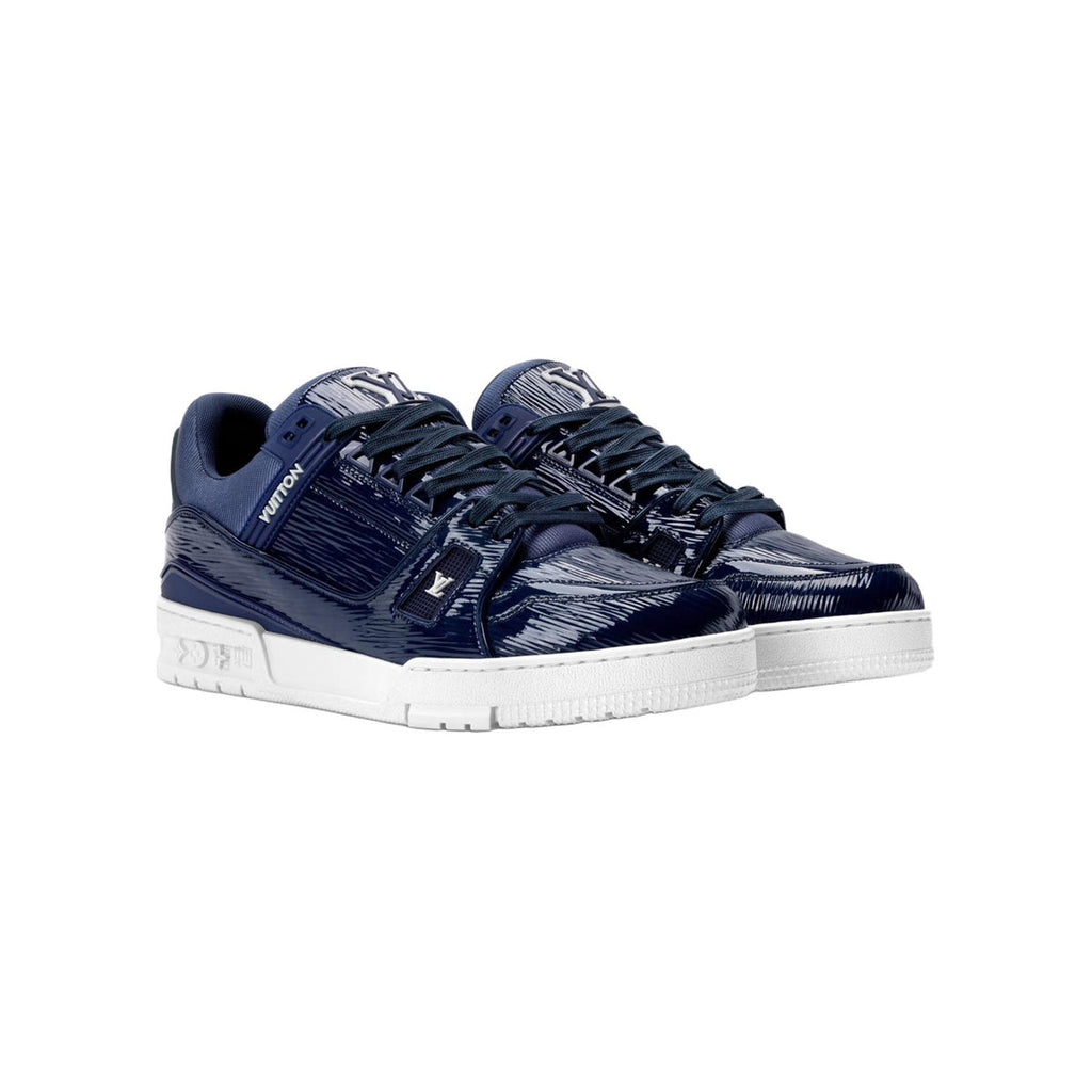 Louis Vuitton Trainer Patent Leather Floral Pattern Low-Top Sneakers in Navy Blue – Unisex