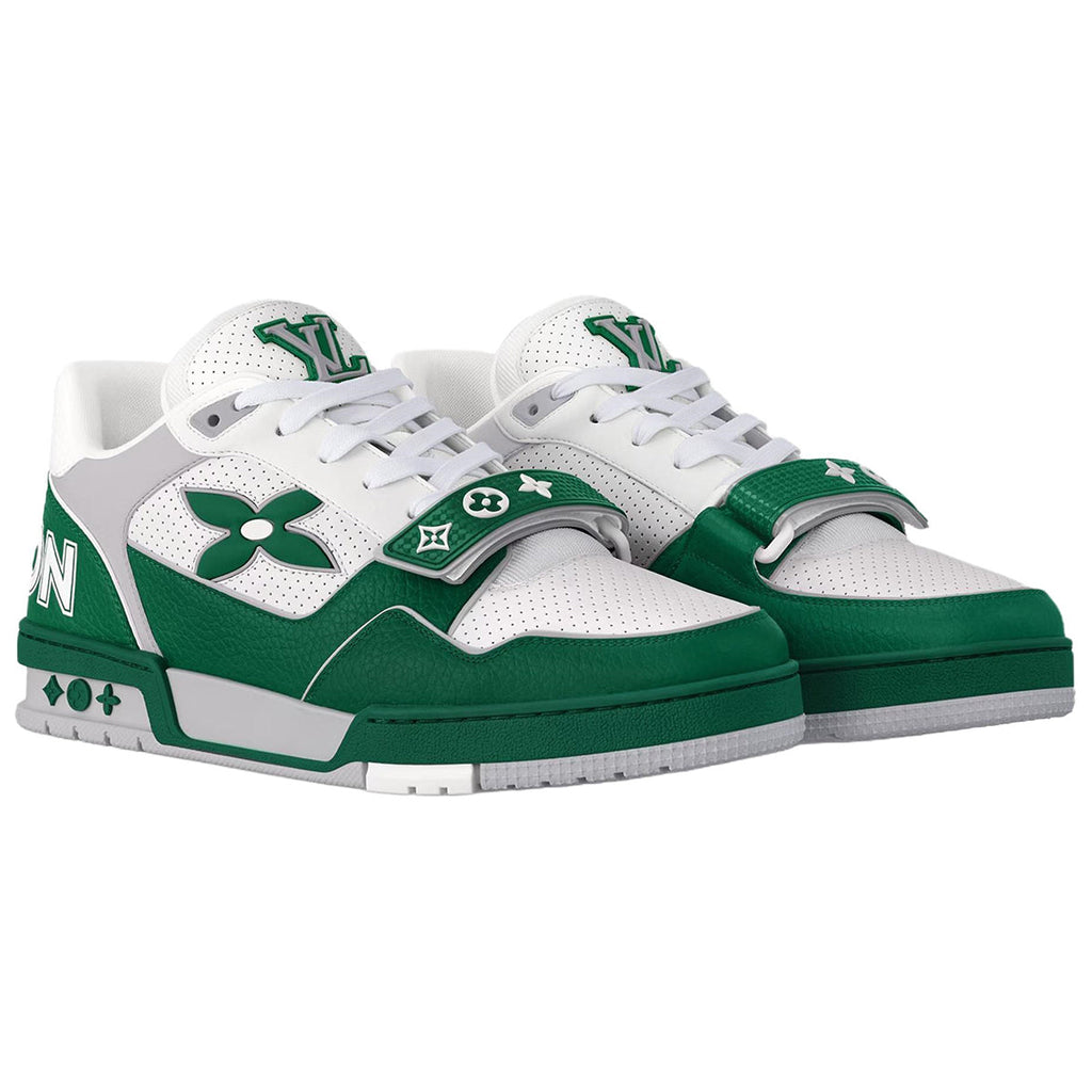 Louis Vuitton Trainer Leather Lace-Up Low-Top Sneakers in Green with Floral Logo