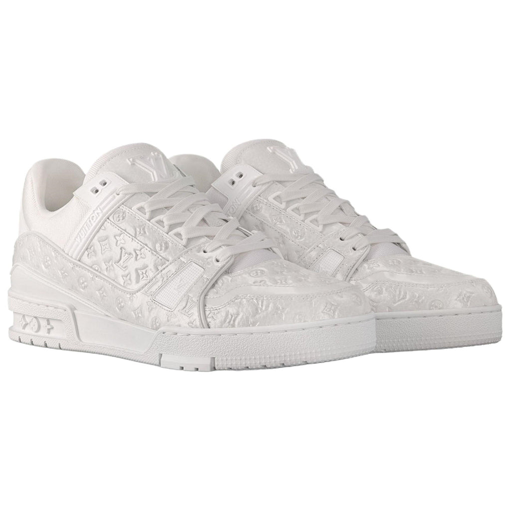 Louis Vuitton Trainer Leather Lace-Up Low-Top Sneakers in White with Embossed Letter