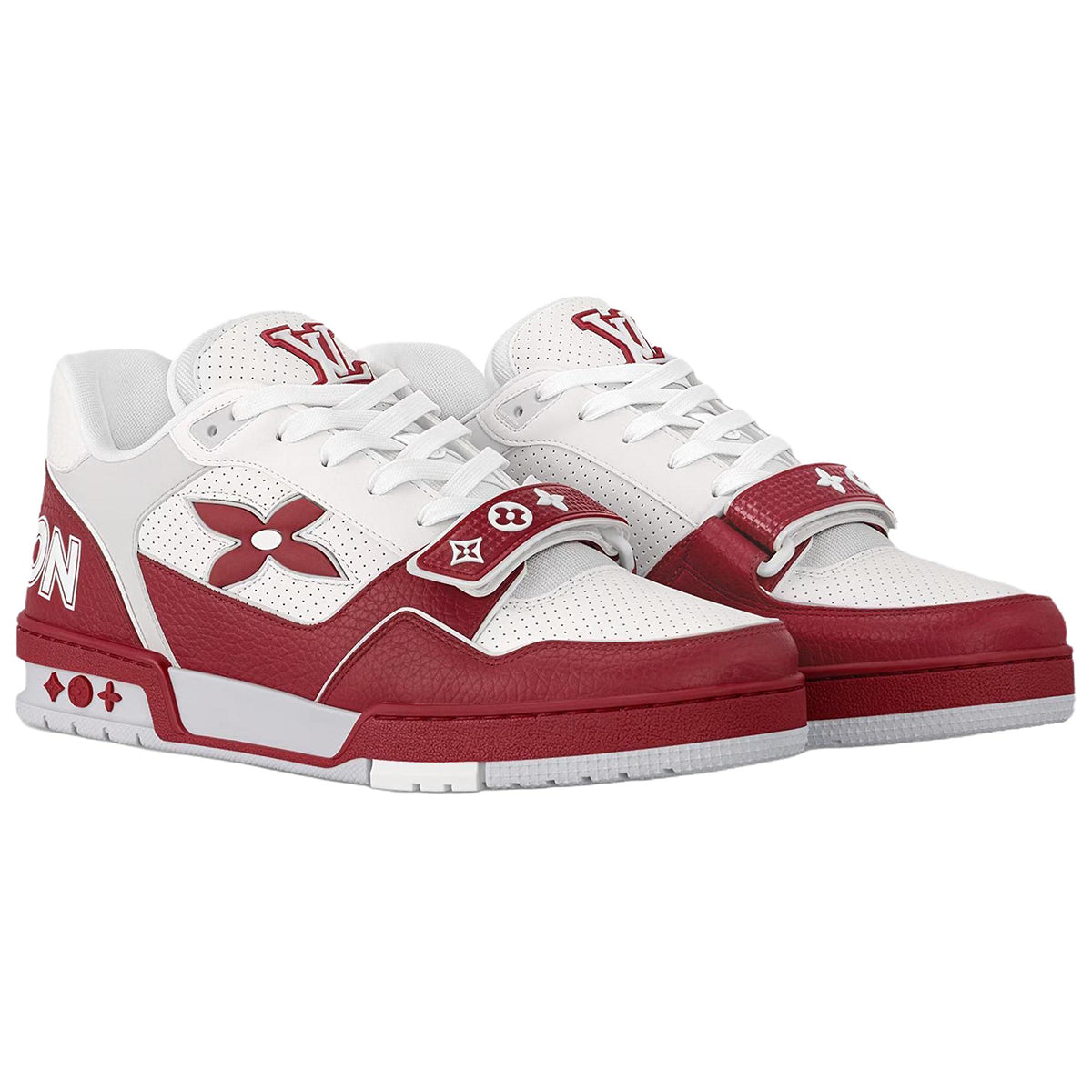 Louis Vuitton Leather Lace-Up Low-Top Sneakers in Red with Floral Pattern – Unisex