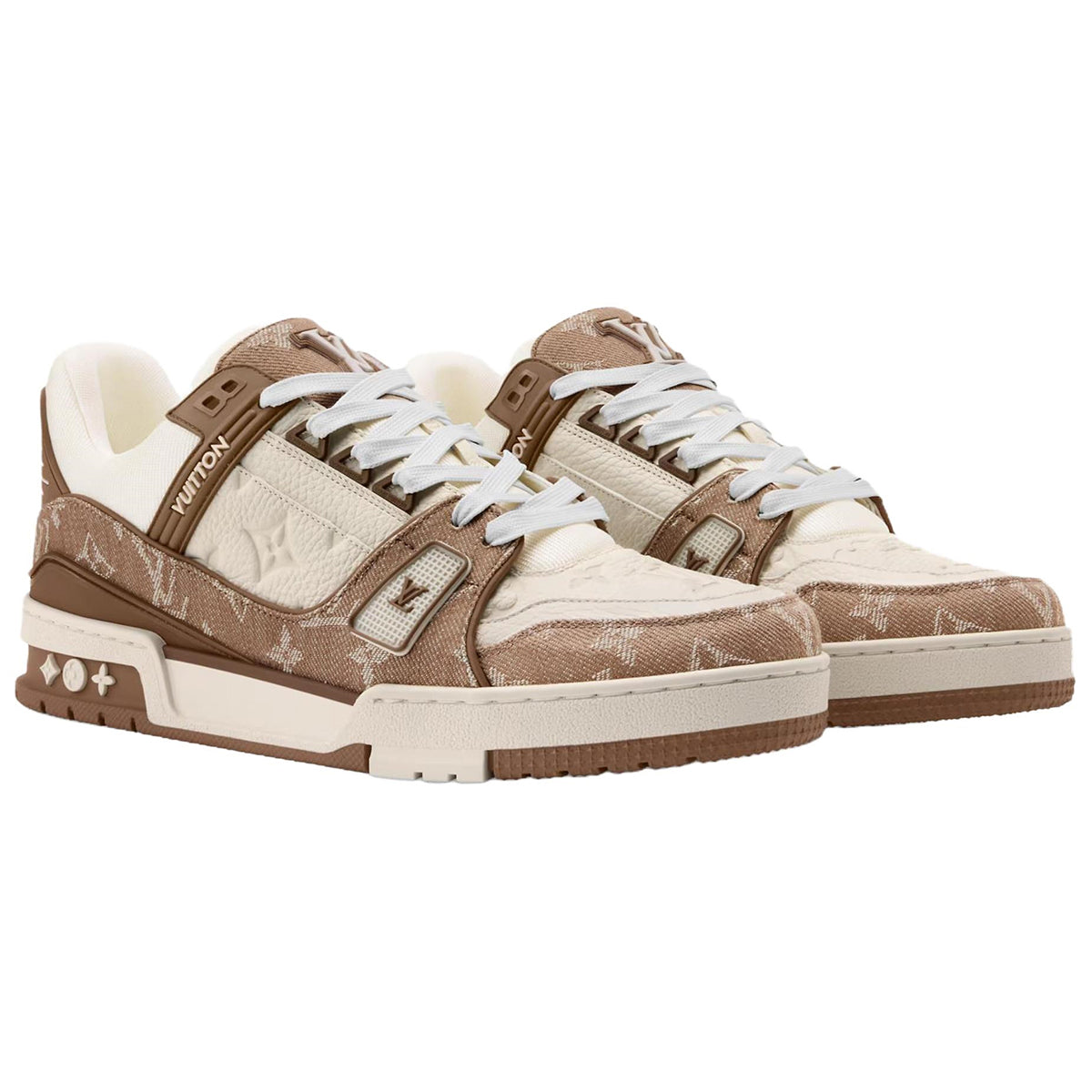 Louis Vuitton Trainer Denim Lace-Up Flat-Sole Low-Top Sneakers in Beige & Brown – Unisex