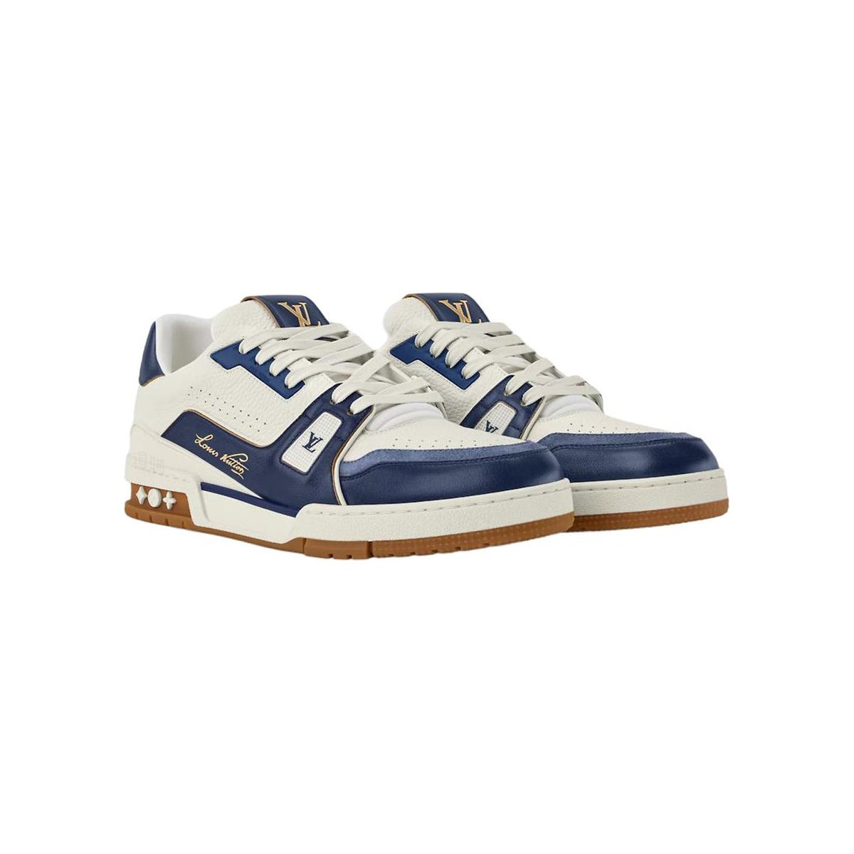 Louis Vuitton Trainer Distressed Grained Calf Leather Lace-Up Low-Top Sneakers in Blue & White – Unisex