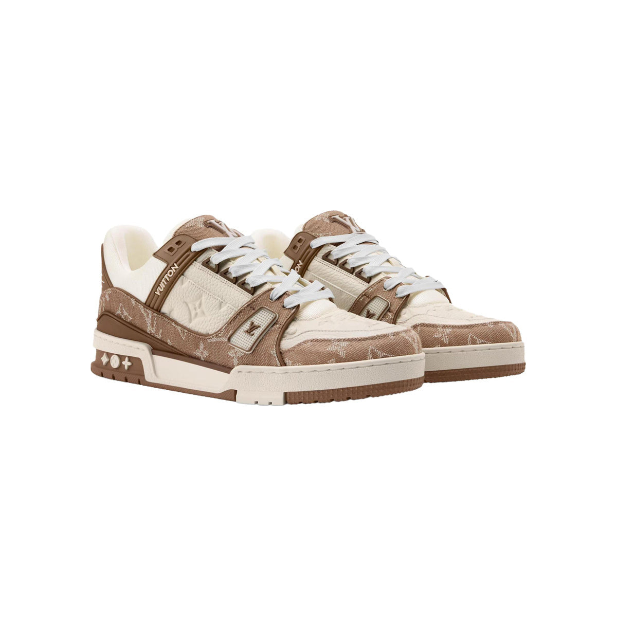 Louis Vuitton Trainer Leather & Denim Lace-Up Low-Top Sneakers in Beige & Brown – Unisex