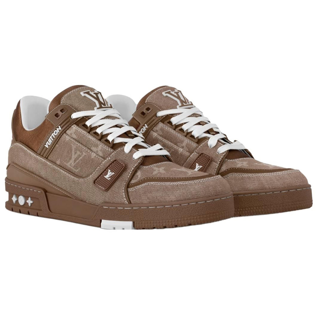 Louis Vuitton Trainer Denim Lace-Up Low-Top Sneakers in Brown with LV Logo Print – Unisex