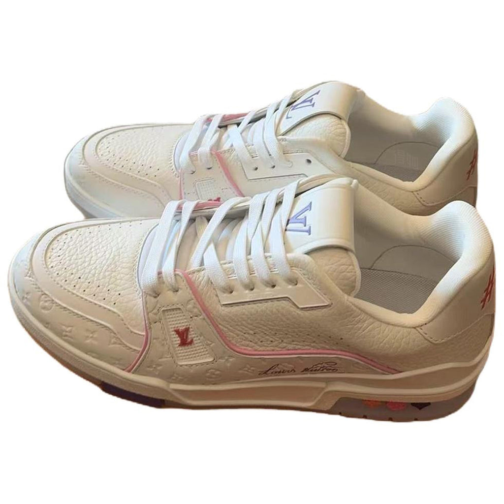 Louis Vuitton Trainer Calf Leather Lace-Up Flat-Sole Low-Top Sneakers in White & Pink – Unisex