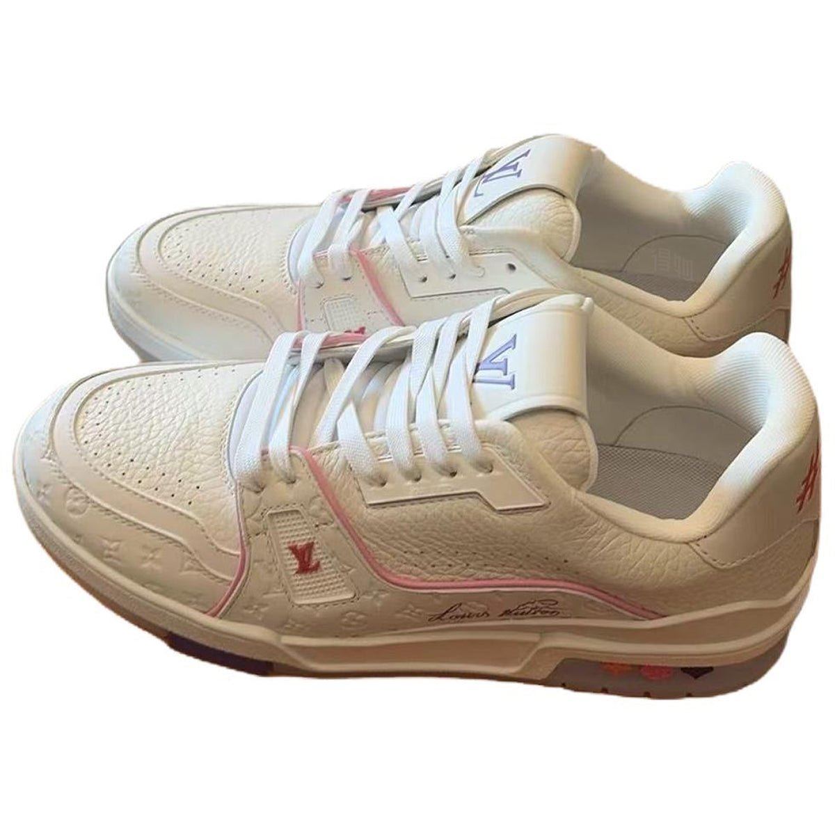 Louis Vuitton Trainer Calf Leather Lace-Up Flat-Sole Low-Top Sneakers in White & Pink – Unisex