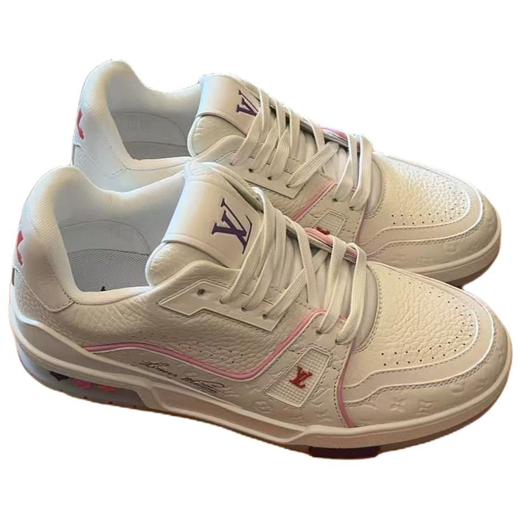 Louis Vuitton Trainer Calf Leather Lace-Up Flat-Sole Low-Top Sneakers in White & Pink – Unisex