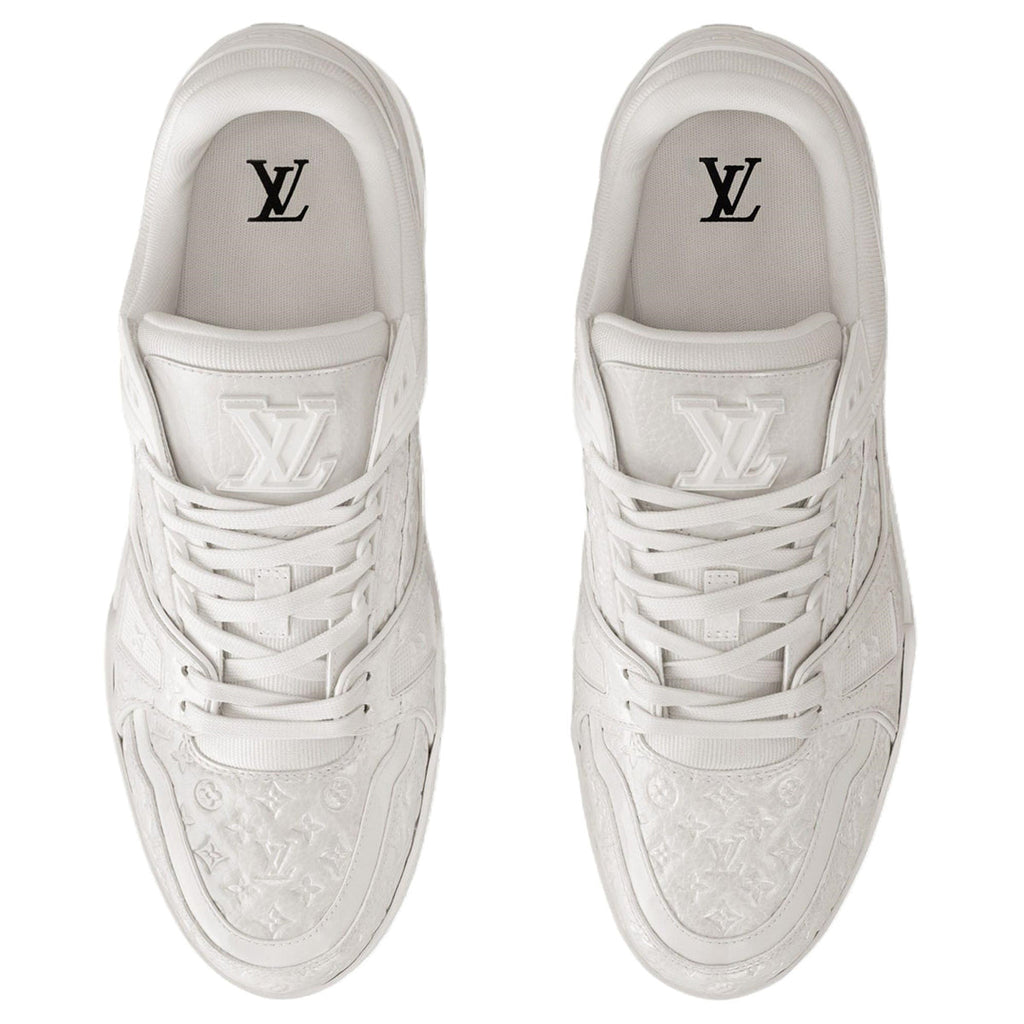 Louis Vuitton Trainer Leather Lace-Up Low-Top Sneakers in White with Embossed Letter