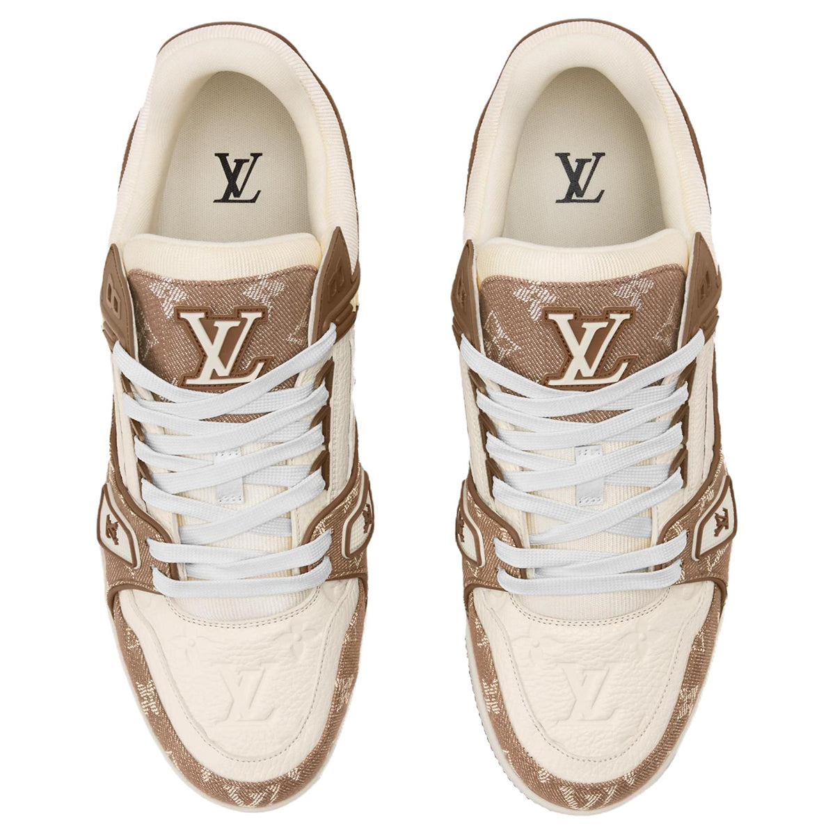 Louis Vuitton Trainer Denim Lace-Up Flat-Sole Low-Top Sneakers in Beige & Brown – Unisex