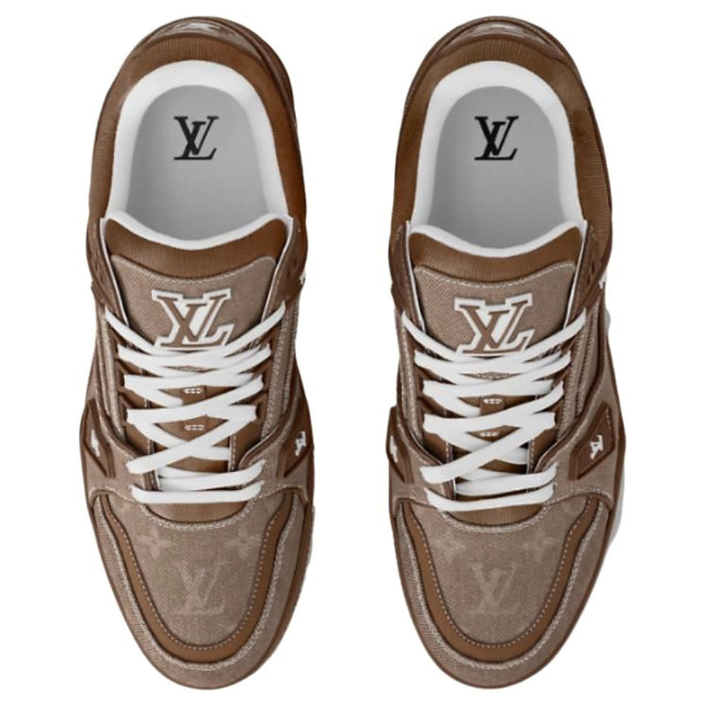 Louis Vuitton Trainer Denim Lace-Up Low-Top Sneakers in Brown with LV Logo Print – Unisex