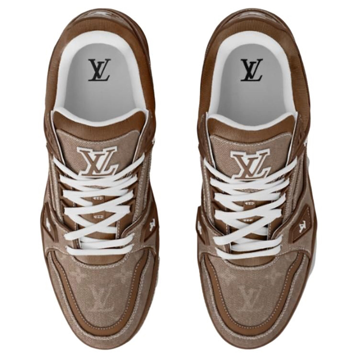 Louis Vuitton Trainer Denim Lace-Up Low-Top Sneakers in Brown with LV Logo Print – Unisex