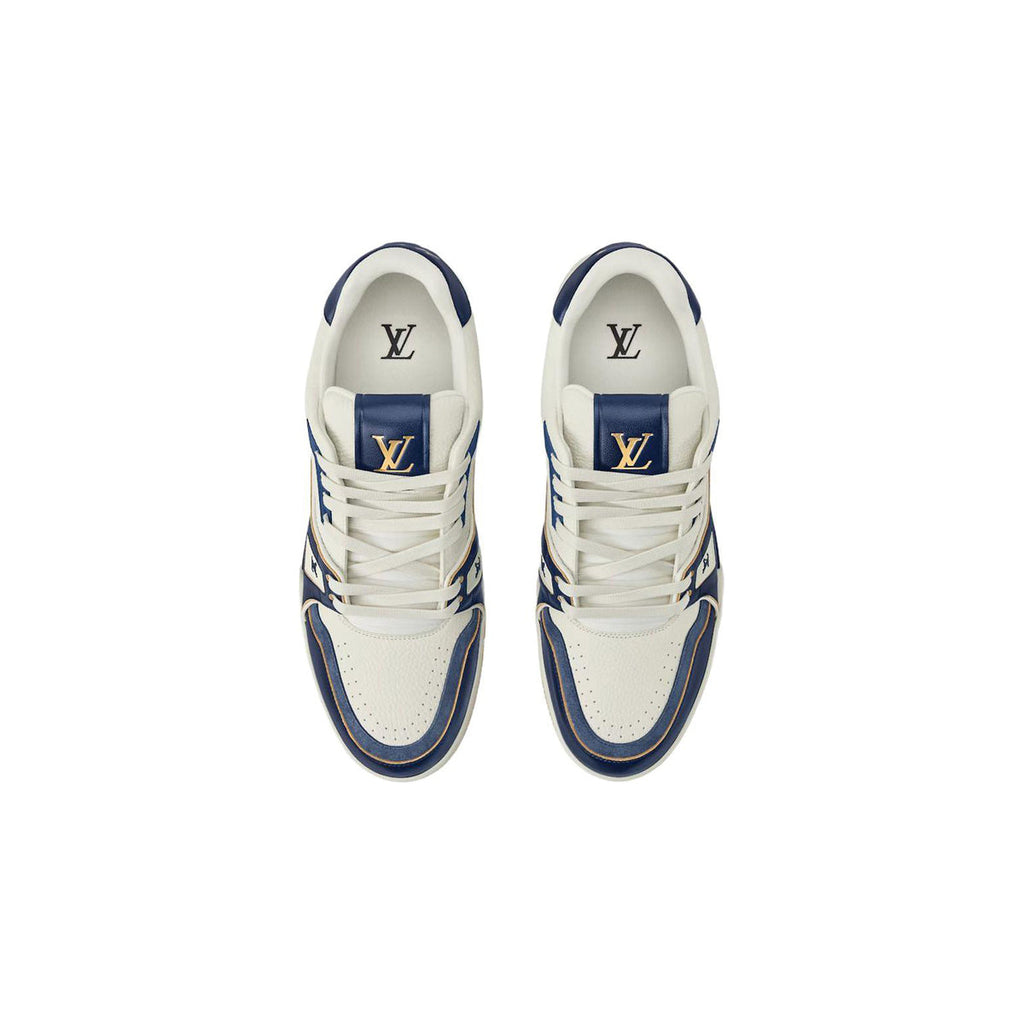 Louis Vuitton Trainer Distressed Grained Calf Leather Lace-Up Low-Top Sneakers in Blue & White – Unisex