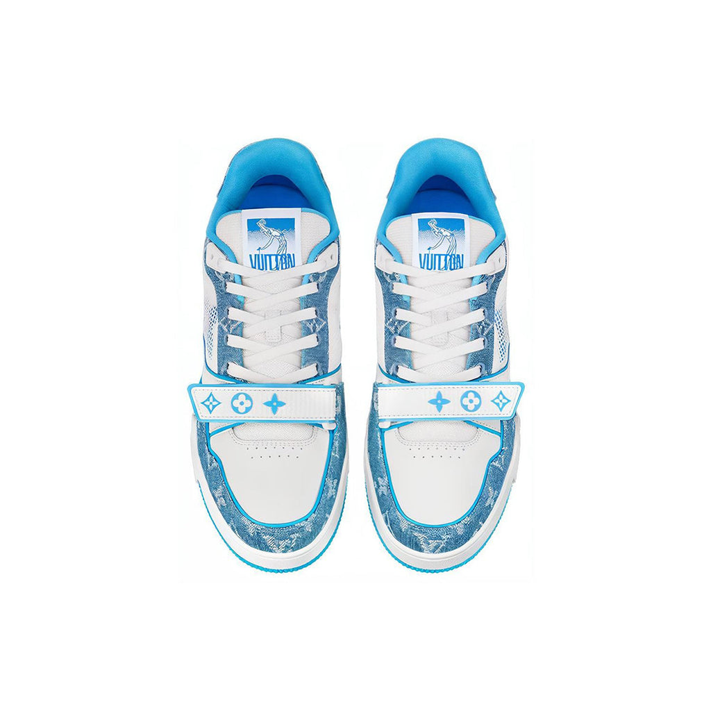 Louis Vuitton Trainer Leather Flower Motif Low-Top Sneakers in Blue & White