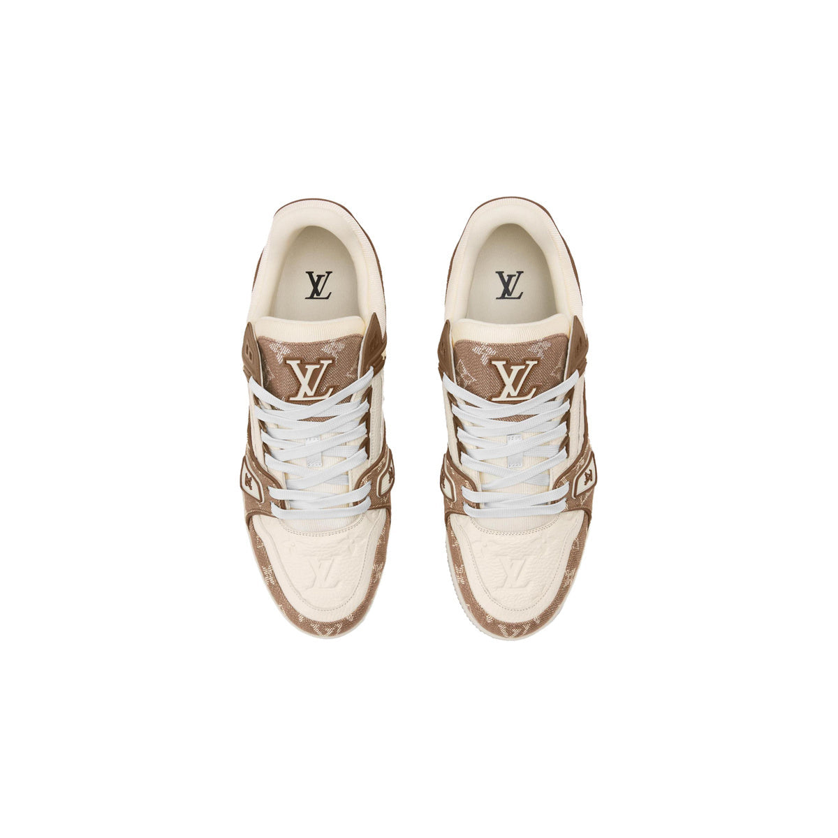 Louis Vuitton Trainer Leather & Denim Lace-Up Low-Top Sneakers in Beige & Brown – Unisex