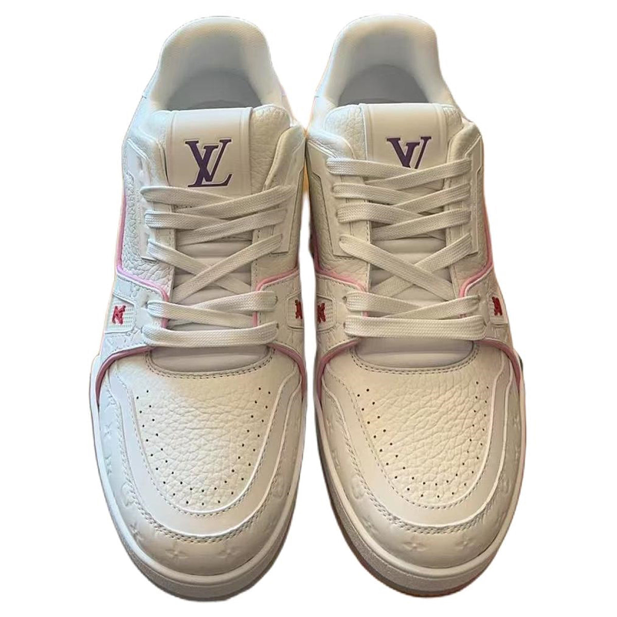 Louis Vuitton Trainer Calf Leather Lace-Up Flat-Sole Low-Top Sneakers in White & Pink – Unisex