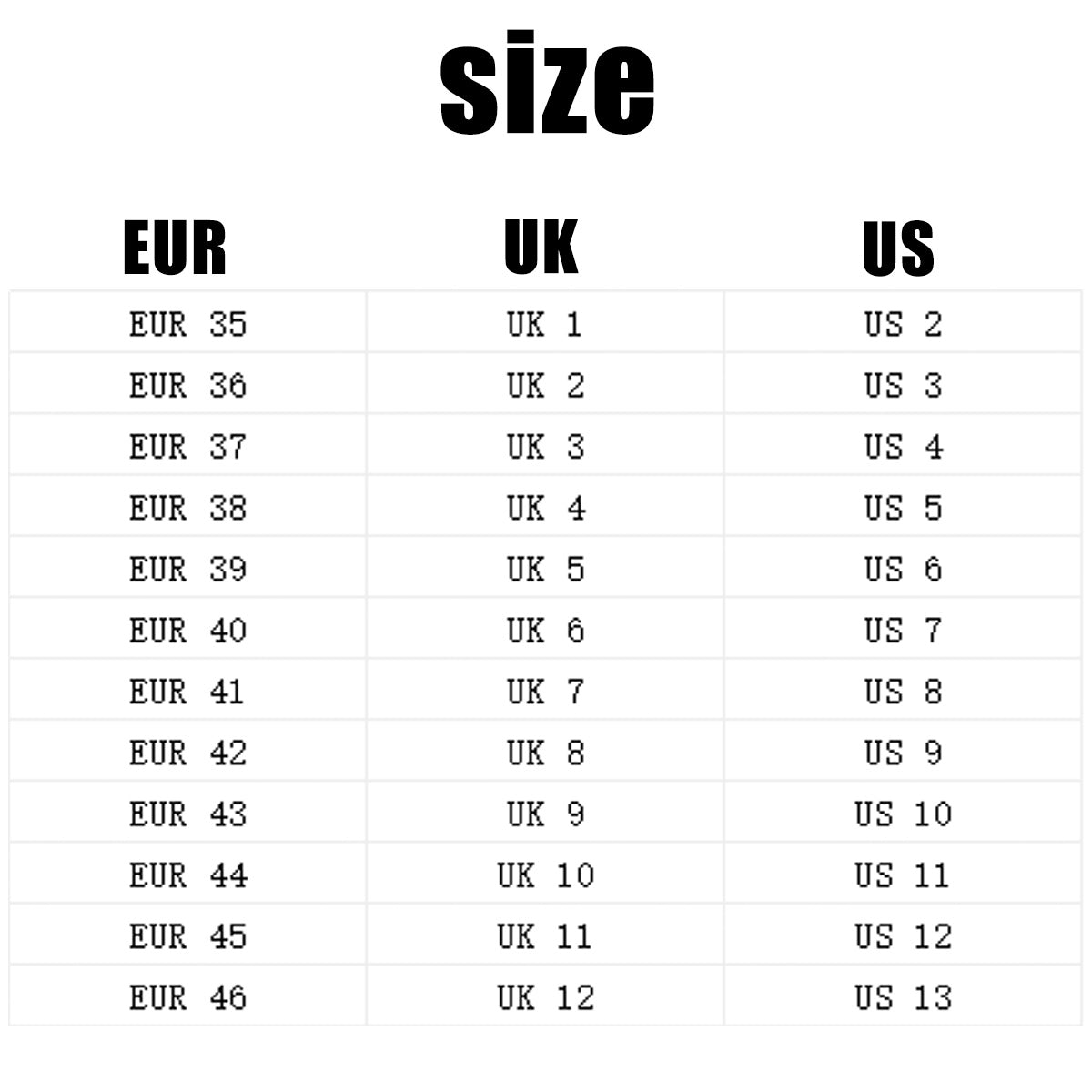 Size chart (EUR / UK / US)